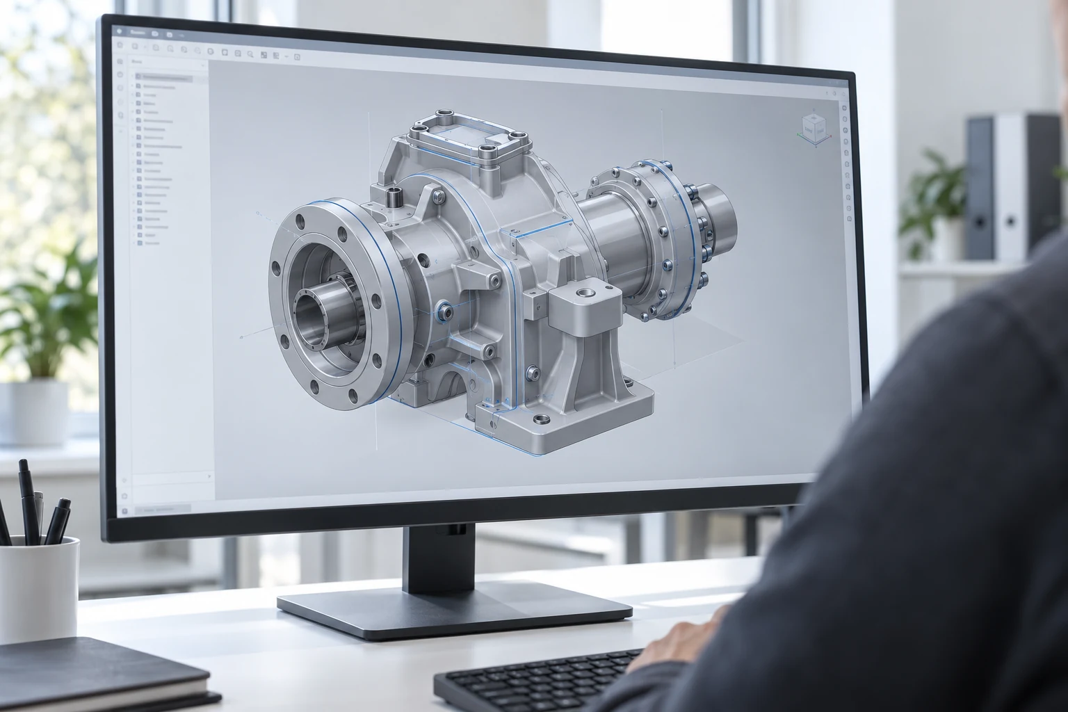 Ilustracja pracy nad modelem zespołu mechanicznego w programie CAD
